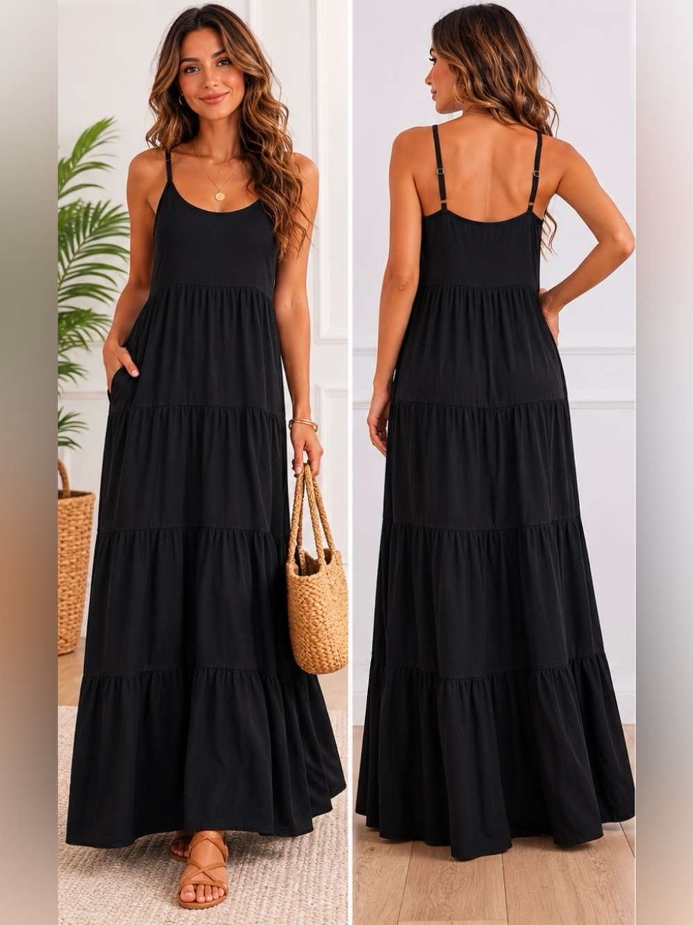ANRABESS Black Tiered Maxi Dress Small Rayon Adjustable Strap Casual Boho